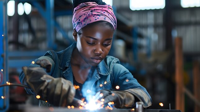 A hard-working woman in a workshop, a black woman, a welder