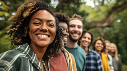 Group of young adults is smiling outdoors in nature. They are all wearing casual clothing and look happy to be together