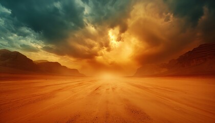 Obraz premium The golden dust storm envelops an expansive desert landscape at sunset, illuminating the scene with a warm, ethereal glow as the sky transitions from day to night.