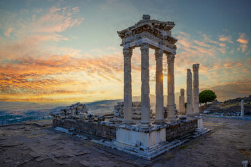 Naklejka premium Pergamon Ancient City drone view in Bergama Town of Turkey
