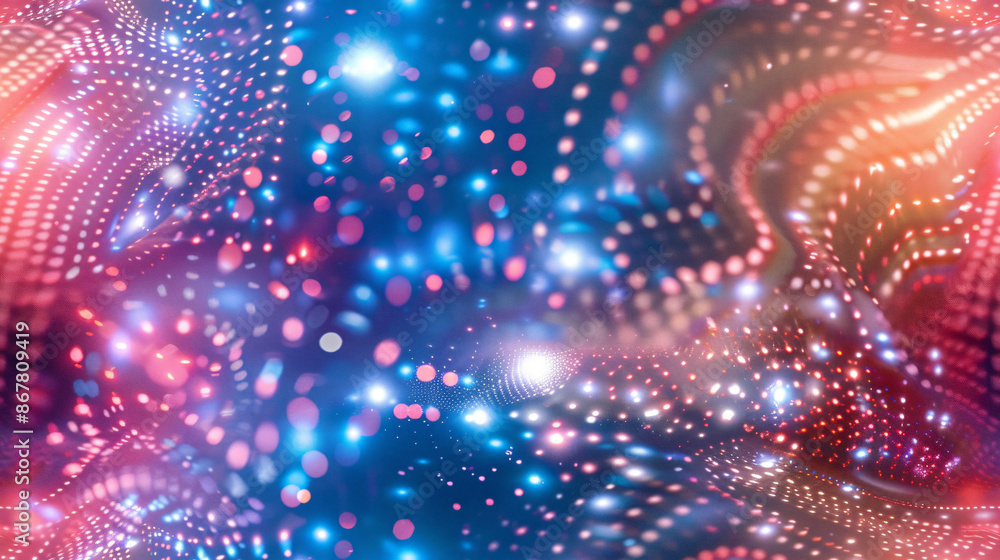 Poster flowing particles and colorful bokeh lights in an abstract background