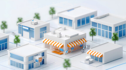 3D isometric illustration of buildings and shops, with a white background