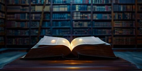 Fototapeta premium Ancient Book in a Mystical Library with Glowing Lights