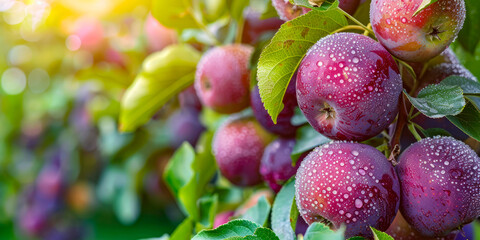 Fresh Dew-Kissed Purple Apples on a Tree in a Sunlit Orchard