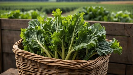 Naklejka premium mustard greens vegetable in a wooden basket with a bac puppy dog in outerspace