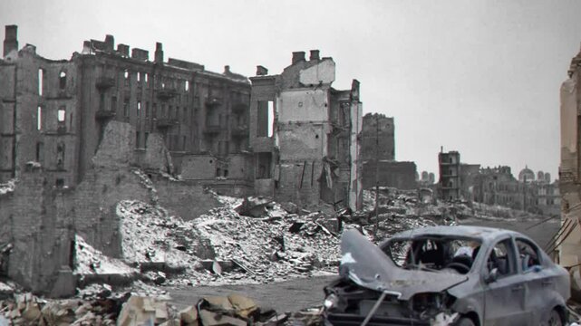 World War II and Russia's war with Ukraine are combined in the composition. Ukrainian and Russian crisis and armed conflict. Ruined city. 4K