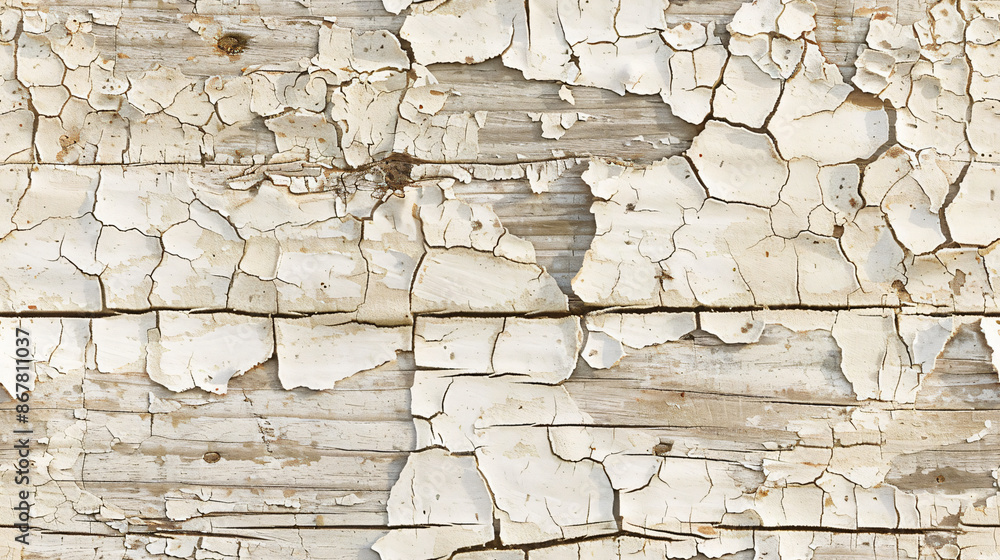 Poster White paint showing signs of age, peeling and cracking on a wooden surface, creating an abstract pattern