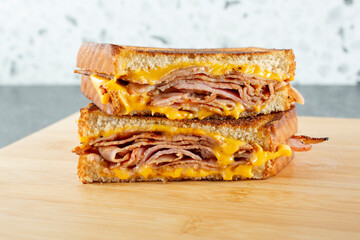 A view of a ham and cheese melt.