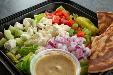A closeup view of a Greek salad.