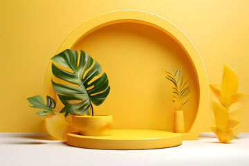 A bright yellow, cylindrical pedestal takes center stage in this realistic 3D render. The smooth surface contrasts with the textured details of a single leaf resting upon it. 