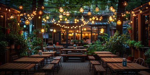 An inviting outdoor cafe seating area illuminated by vintage string lights at twilight.
