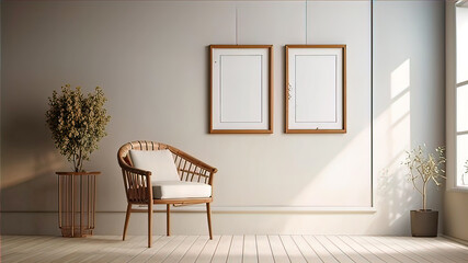 Modern home space of large room with frame on wall, clean minimalist interior, 3d rendering,