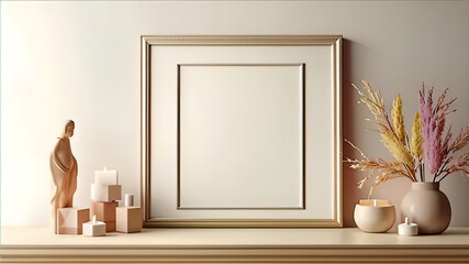 Modern home space of large room with frame on wall, clean minimalist interior, 3d rendering,