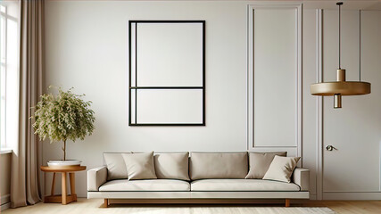 Fototapeta premium Modern home space of large room with frame on wall, clean minimalist interior, 3d rendering,