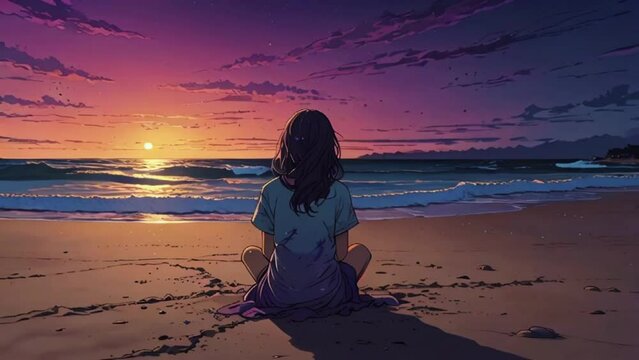A lofi girl sitting alone on a beach at dusk, watching waves crash shore. She draws patterns in the sand, waves, emotions, overlay zoom OBS, anime chill hip hop. Cyan purple colours manga style