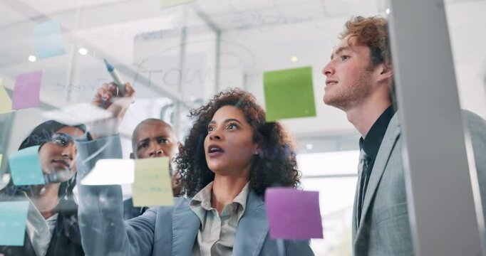 Planning, writing and vision with business people in office for brainstorming a strategy together. Learning, glass or workshop with man and woman team in workplace for problem solving sticky note