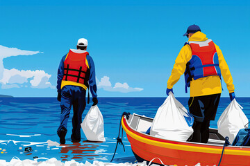 Obraz premium Two volunteers are shown walking out of the ocean with bags of collected trash near a small boat.