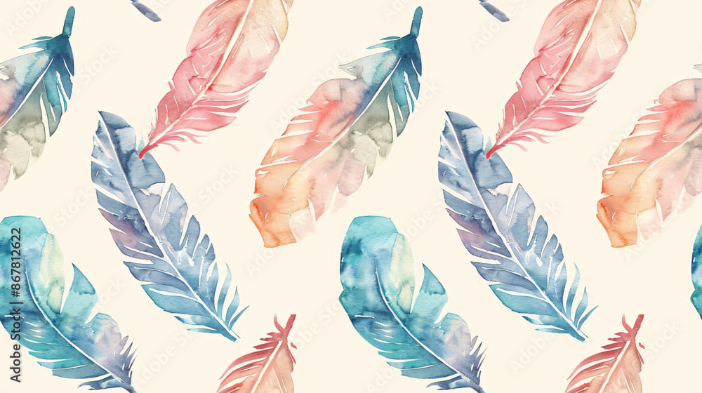 Aufkleber watercolor seamless pattern with bright colorful feathers floating on white background, perfect for 