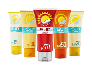 Collection of sun screen tubes with various protection levels isolated on transparent background.. 3D illustration