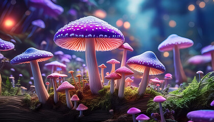 Abstract fantasy pink mushroom illustration of mushroom in forest. Nature mystic glowing fungus