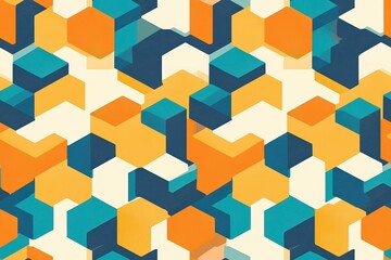 Abstract geometric pattern with blue, orange, and white hexagons. Modern and stylish background for design projects.