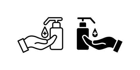 Washing hand with sanitizer liquid soap vector icon set color editable