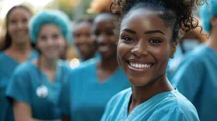 Fototapeta premium Female doctors, including an African-American doctor in scrubs, smile together, symbolizing a cohesive clinical team.
