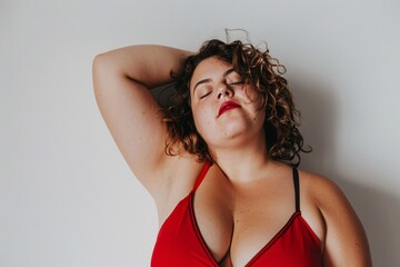 Obraz premium A full-body shot of an attractive, dreamy plus-size woman in a red and black swimsuit posing on a white background