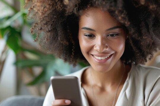 On Cellphone. Candid Closeup of Adult Biracial Woman Using Smartphone for Browsing and Online Communication