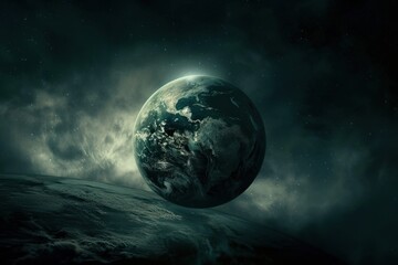 Fototapeta premium A planet surrounded by stars. The planet has a dense atmosphere and appears as a dark sphere. The sky is filled with stars of different sizes, and clouds have formed on the left side of the planet.
