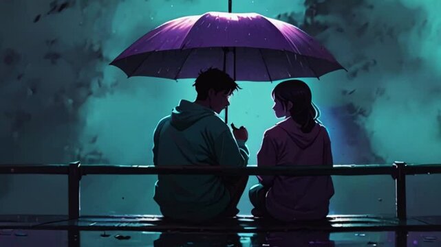 A Lo-fi couple embracing under an umbrella during a rainy night, with tears blending into the raindrops, anime chill hip hop music background. Cyan purple colours manga style 4k loop Animation Video