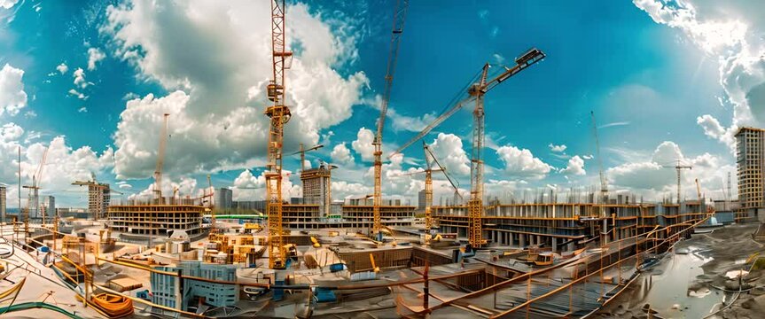 Panorama view of New construction site, Industrial construction cranes, mechanical equipments and workers son white cloud blue sky background. 