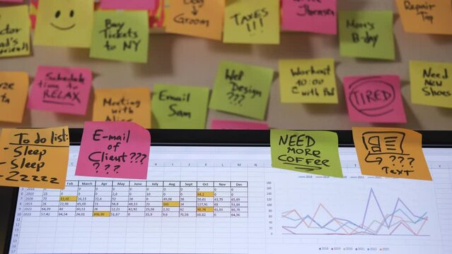 Hand of man attaches papers labeled Need more coffee and a happy smiley to a computer screen surrounded by colorful sticky notes. Concept of time management and planning
