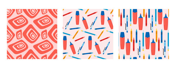 Set of three seamless patterns. Hand drawn lines, curve and rainbows.