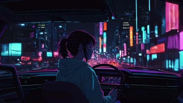 A lofi girl driving a deserted city at night. The neon signs and streetlights cast a soft glow car. She&rsquo;s driving, just lost in her thoughts, overlay zoom OBS, anime chill hip hop. Cyan purple colour