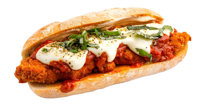  Open-faced Chicken Parmesan sub sandwich with crispy chicken cutlets, marinara sauce, and mozzarella cheese on toasted ciabatta, isolated on a transparent background 