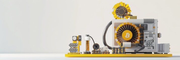 Cryptocurrency, a minimalistic 3D crypto mining rig on a clean white background, showcasing digital asset creation