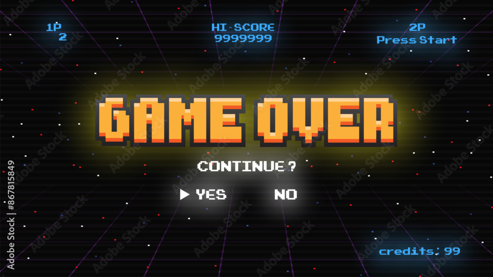 Poster game over continue.pixel art .8 bit game.retro game. for game assets in vector illustrations.retro f