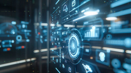 Holographic AR interface with virtual icons, light reflections on matte black. holographic multi-data interface