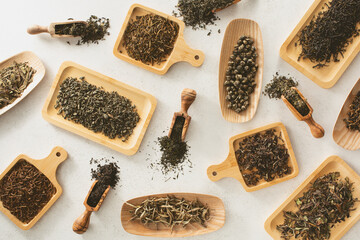 A top down view of assorted loose leaf tea.
