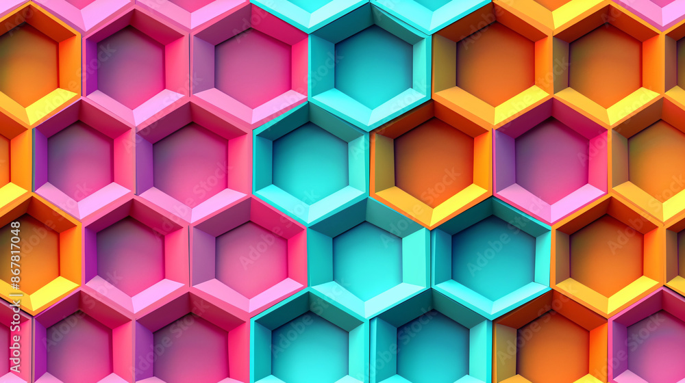 Poster abstract three-dimensional pattern of hexagons in orange, pink, and turquoise creates a vibrant back