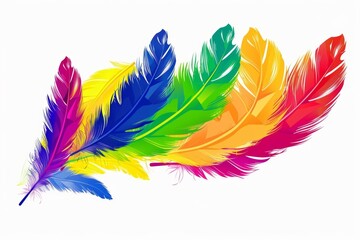 Rainbow feather arrangement, artistic element, graphic, bright palette, isolated on white background