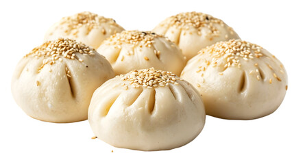  Pork bao buns presented in ultra-HD quality, with glistening exteriors and garnished with sesame seeds on a transparent background 
