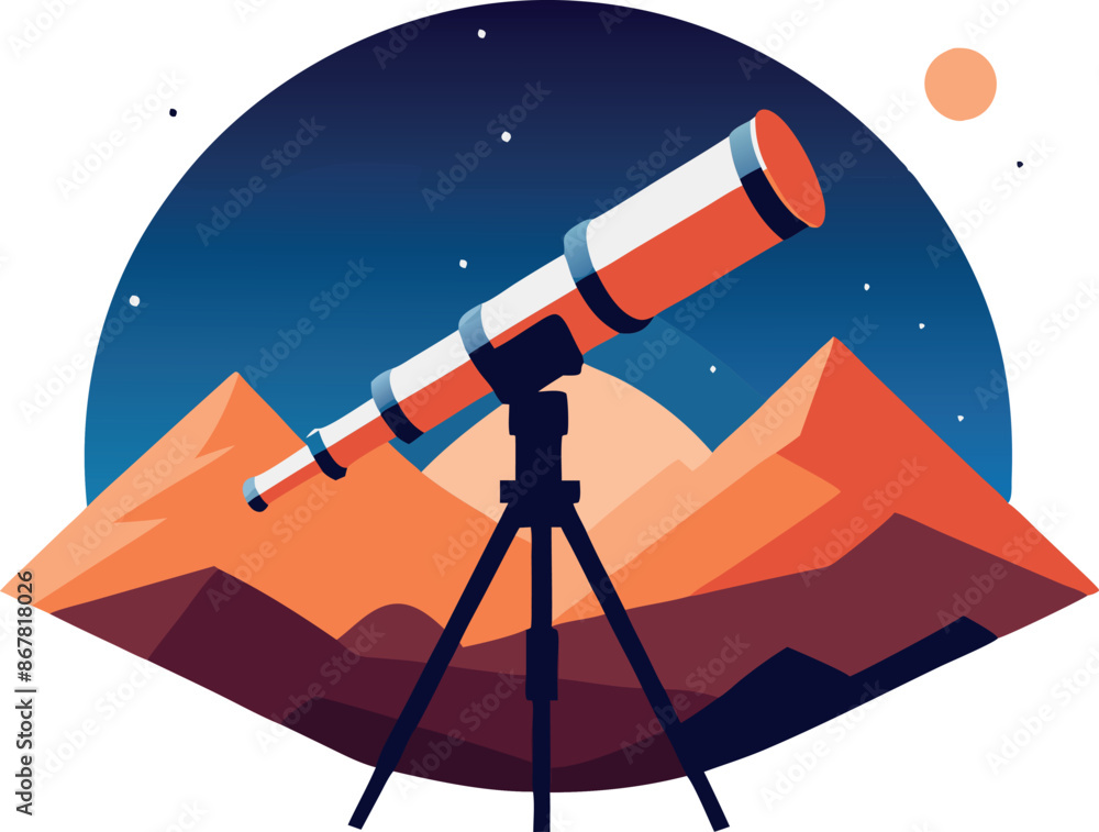 Poster a telescope is set up on a tripod in front of a mountain range