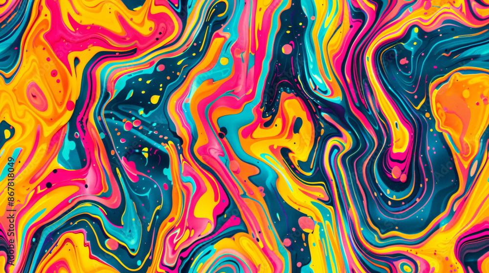 Poster psychedelic and vibrant pattern created by swirling and mixing colorful liquid paint in abstract bac
