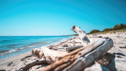 Wood on sandy shore under clear blue sky