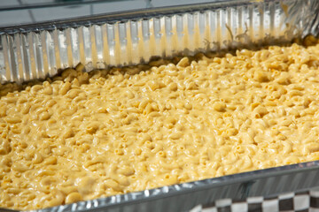 A view of a catering tray of mac n cheese.