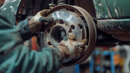 Mechanic Working on Car Brake System. Maintenance car repair workshop