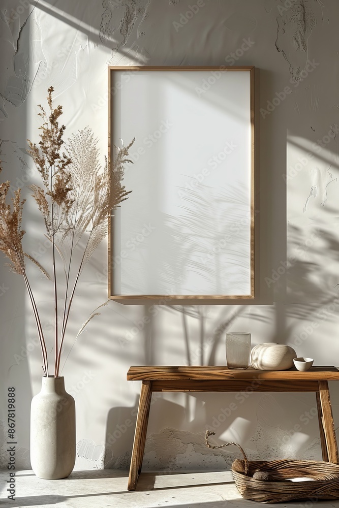 Wall mural A minimalist interior design featuring a wooden bench, elegant decorations, and a captivating shadow play on the wall, filled with natural sunlight.