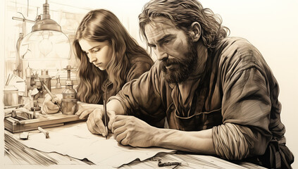 Un couple âgé admire une vieille statue, sculptée avec art, capturant le visage d'une femme, symbole de temps et de beauté.